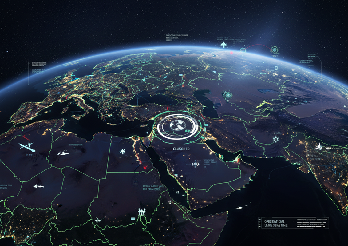 Satellite night view of the Middle East with a targeting reticle and tracking overlay