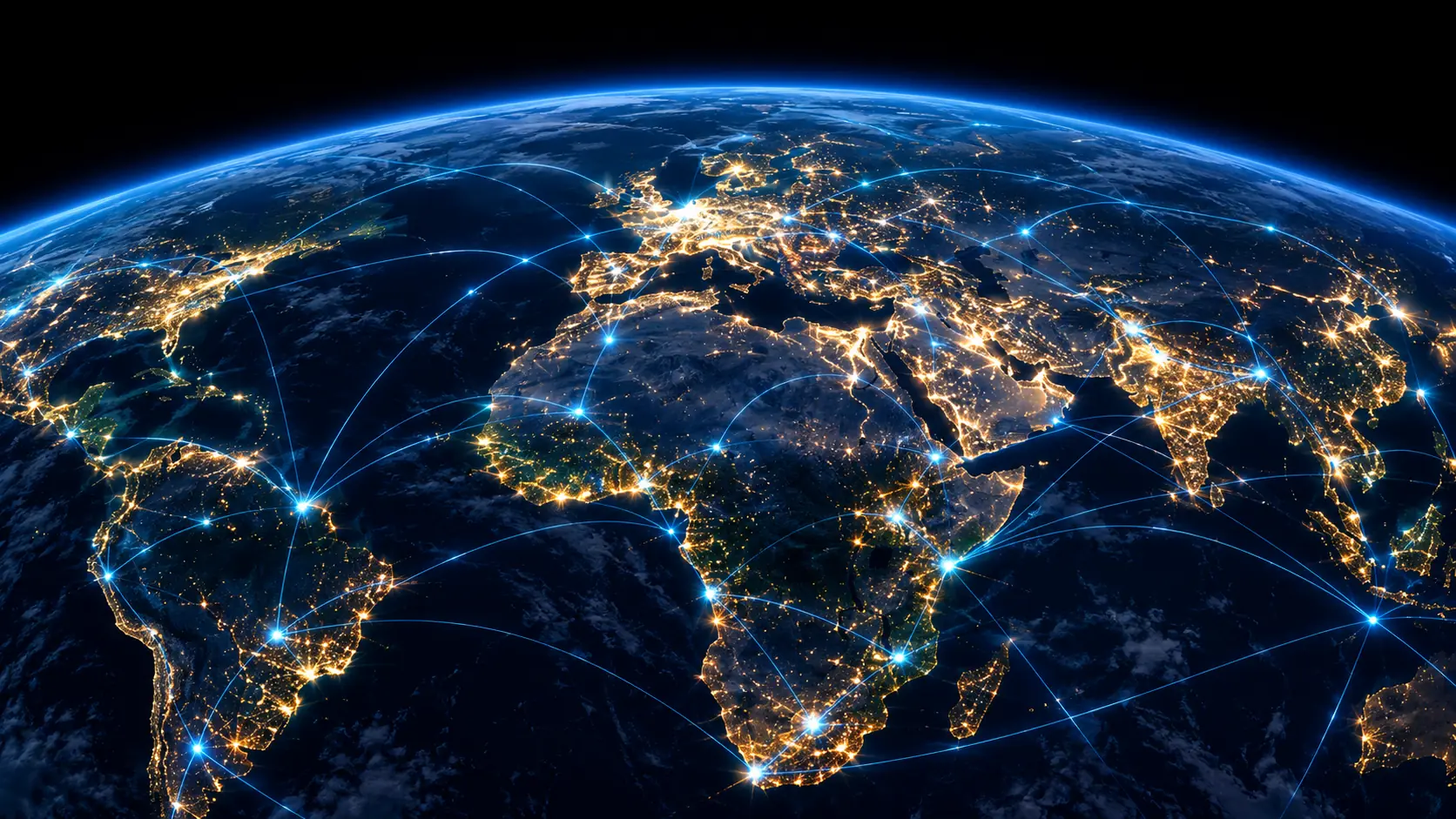 Earth at night, city lights and connected network arcs across continents